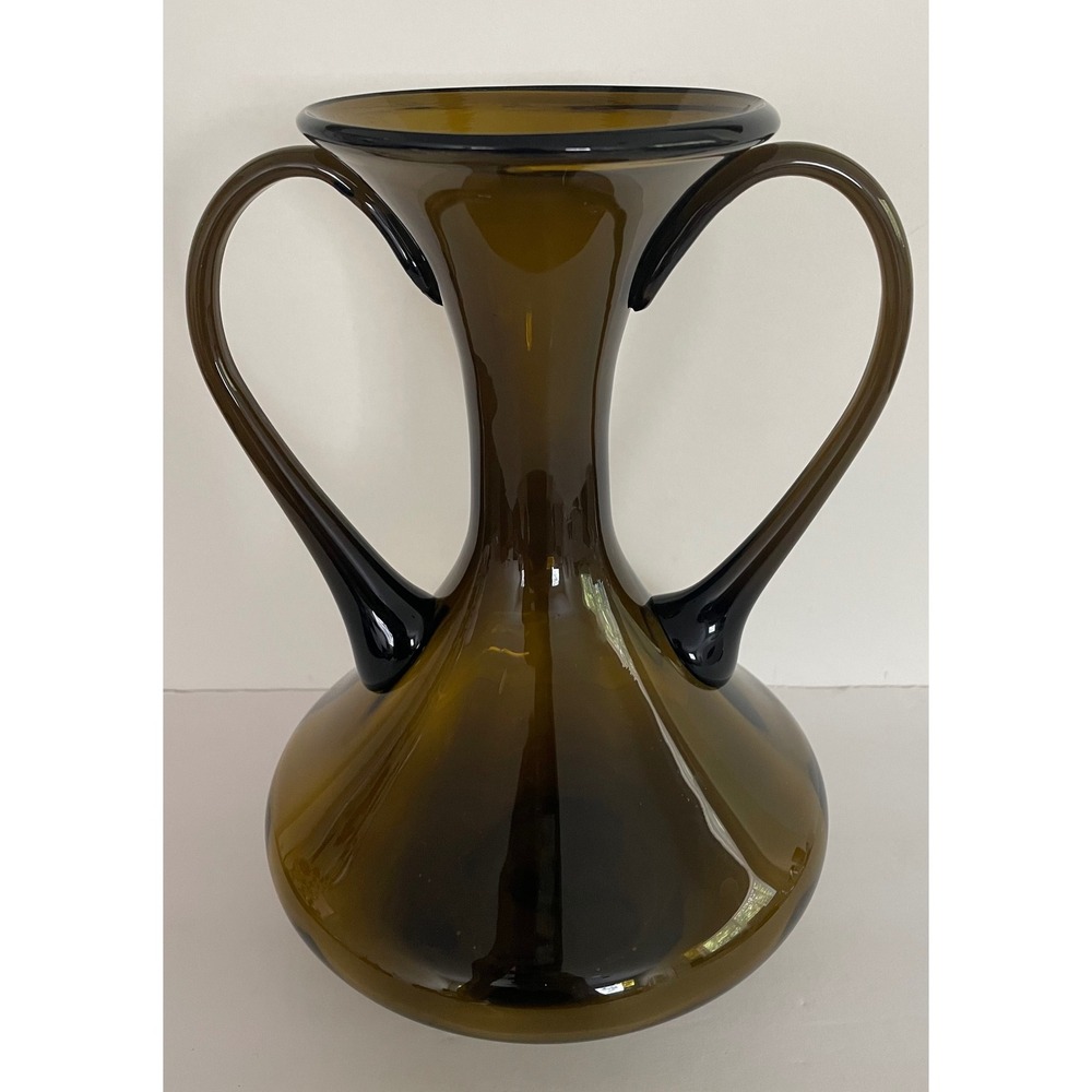 Vtg Mid Century Modern Empoli Glass Double Handle Hand Blown Olive Brown 10.5"" - Picture 9 of 14